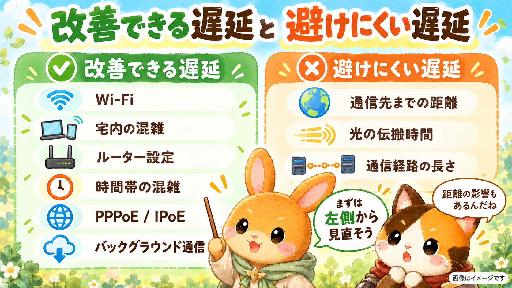 改善しやすい遅延と、通信距離や光の伝搬時間など改善しにくい遅延を比較する図